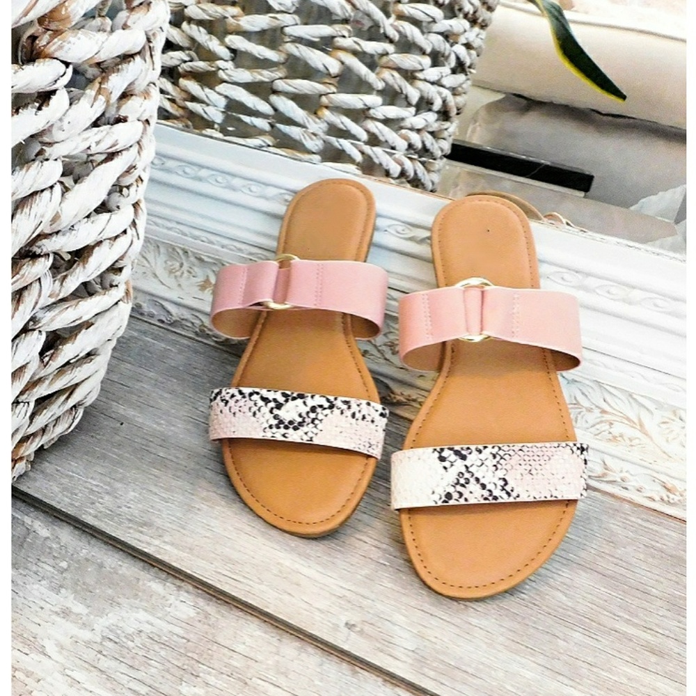 SALE-NIB-SNAKE & PINK LTHR 2 STRAP RING SLIP ONS - Picture 2 of 7